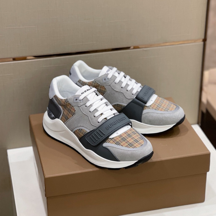 B**rry vintage check, leather and mesh sneakers